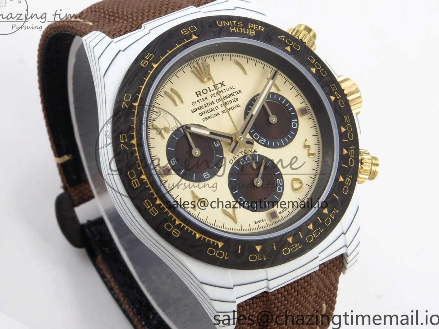 MiroTime 0118 Refined Daytona DIW “DESERT EAGLE”  White Carbon DIWF 1:1 Best Edition Cream Brown Dial on Brown Nylon Strap SH 1074